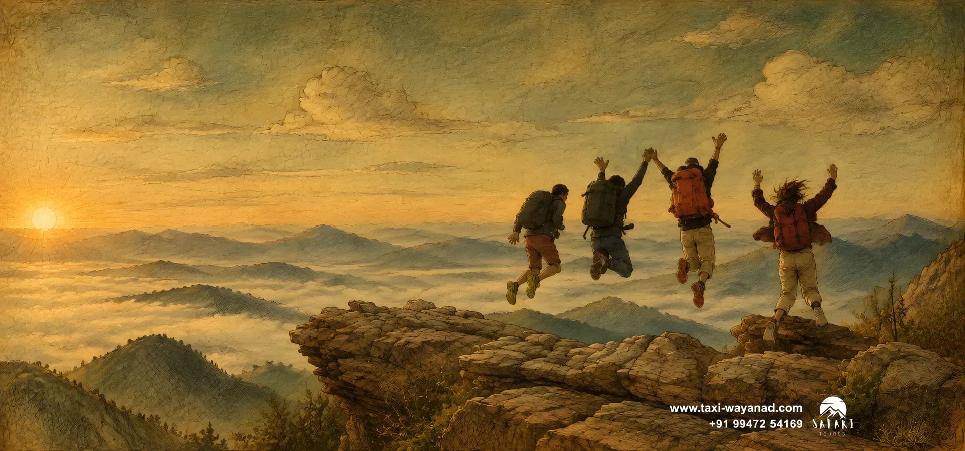Friends jumping on a mountain ledge at sunrise: group travel by tempo traveller in Wayanad