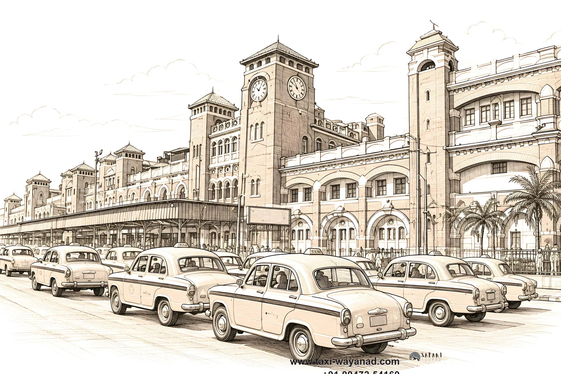 Taxis waiting outside a historic railway station: railway station taxi in Wayanad